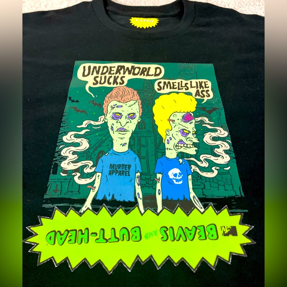 Underworld Sucks Zombie Beavis & ButtHead  Halloween Men’s Black Tee NWT